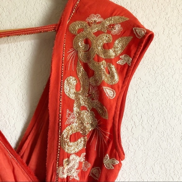 Free People RARE Ooh Lala embroidered Boho Top w/ gold sequins & open back, NWOT - Picture 9 of 10